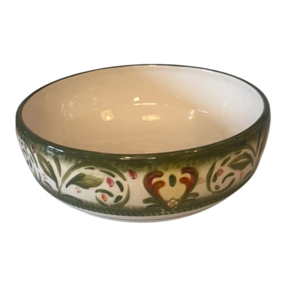 Fitz and Floyd Giardino Serving Bowl Handcrafted Ceramic Green Floral Round 9in